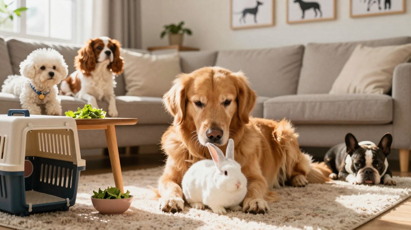 Imagem de quatro cães e um coelho branco juntos numa sala de estar acolhedora.