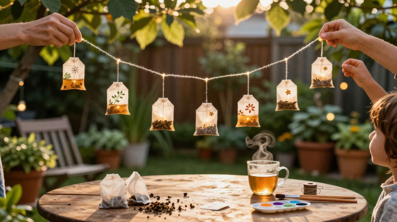 Duas pessoas seguram cordão com saquinhos de chá decorados, frente a mesa com chá e materiais de pintura no jardim.