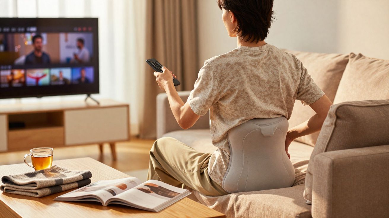 Pessoa sentada no sofá com almofada de apoio lombar, a ver televisão e segurando um comando remoto.