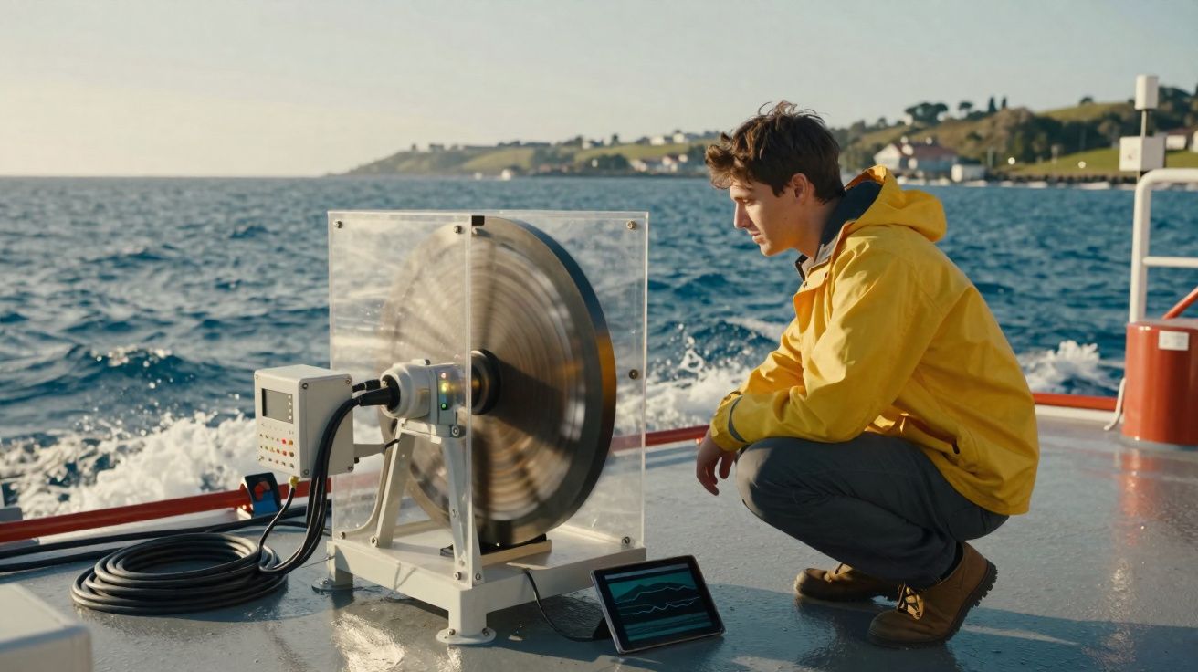 Homem com casaco amarelo observa equipamento tecnológico em movimento num barco no mar.