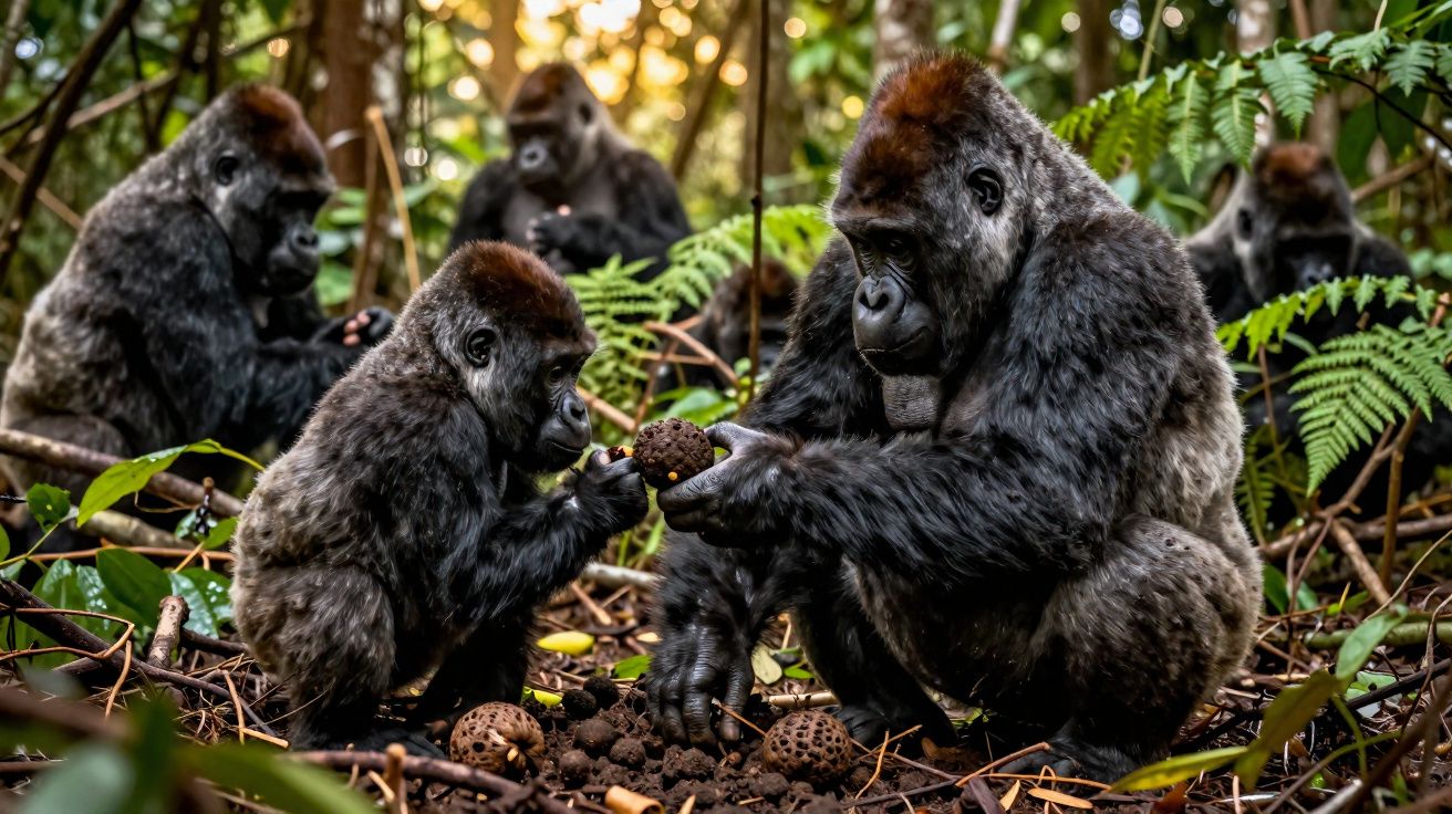 Grupo de gorilas no meio da floresta, com um adulto a mostrar um fruto a um jovem.