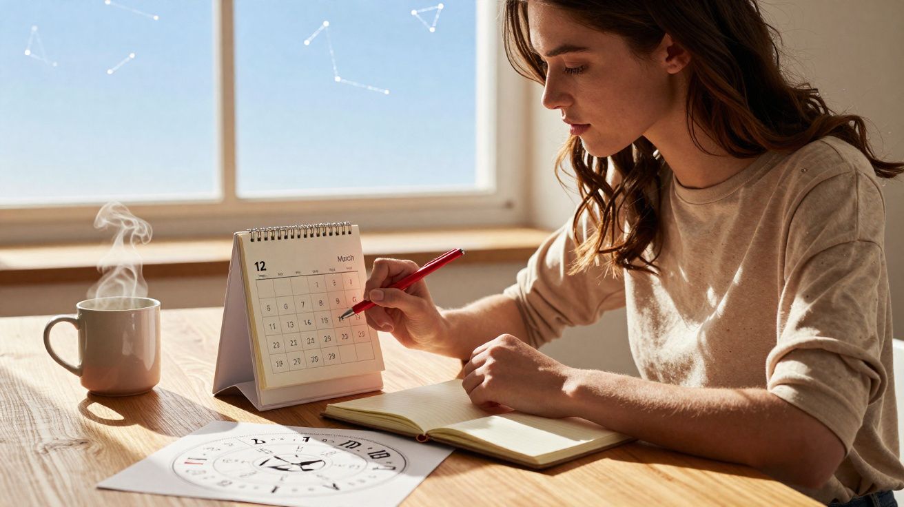 Mulher a marcar data num calendário de mesa com caneta vermelha, com chá a fumegar ao lado.