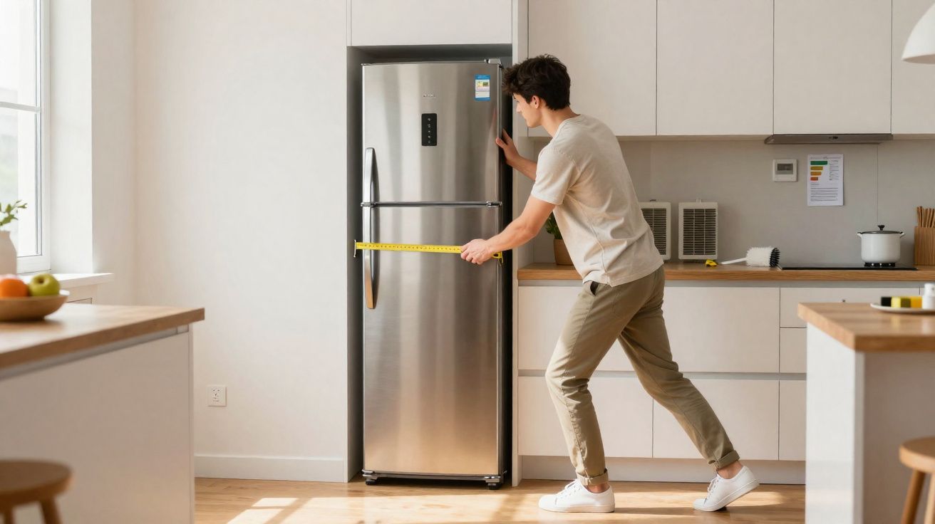 Homem a medir a largura de um frigorífico inox numa cozinha moderna e iluminada.