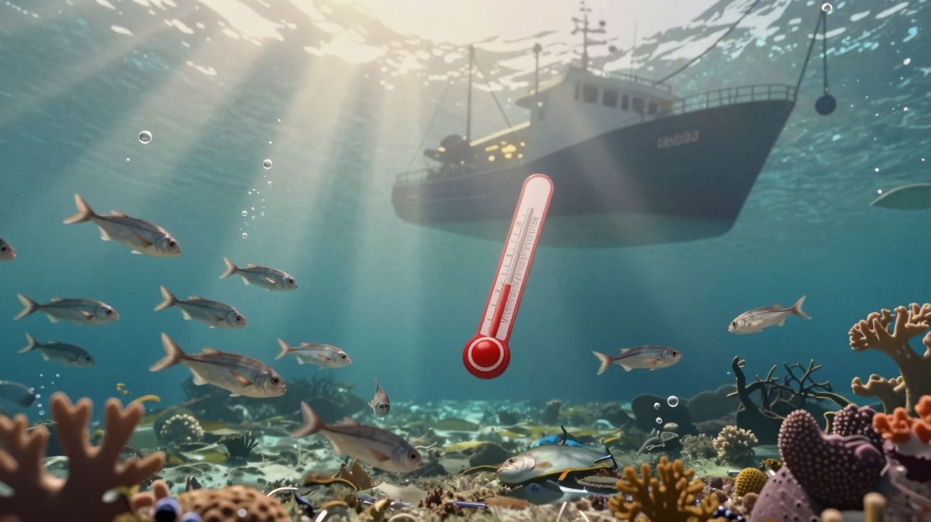 Peixes e coral no fundo do mar com barco à superfície e termómetro simbolizando aquecimento oceânico.