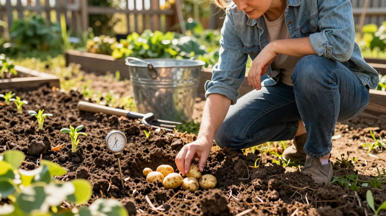 Pessoa a colher batatas recém-crescidas num jardim com solo húmido e outras plantas à volta.