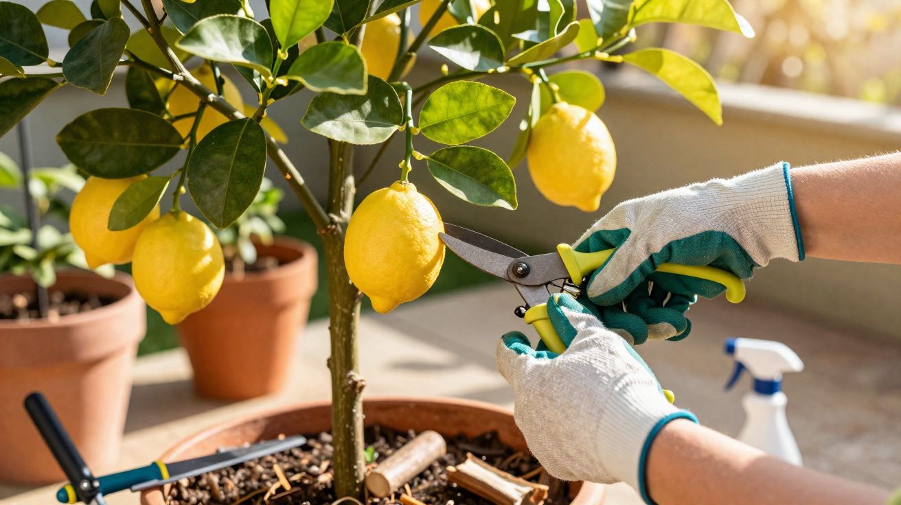 Pessoa com luvas a podar limoeiro com tesoura de poda num vaso, ao sol.