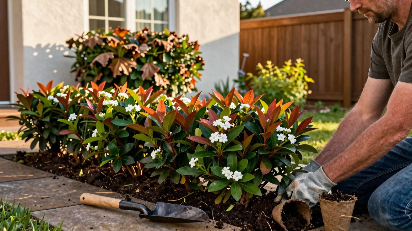 Homem a plantar arbustos com flores brancas num jardim junto à casa, com ferramentas de jardinagem no chão.