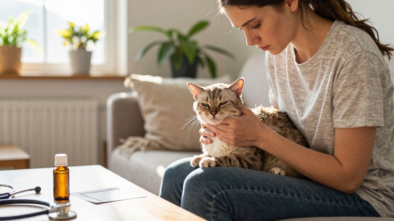 Mulher acaricia gato sentado no colo num ambiente acolhedor com plantas e luz natural.