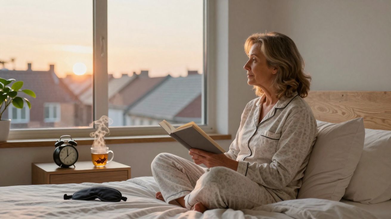 Mulher sentada na cama a ler um livro ao nascer do sol através da janela do quarto.