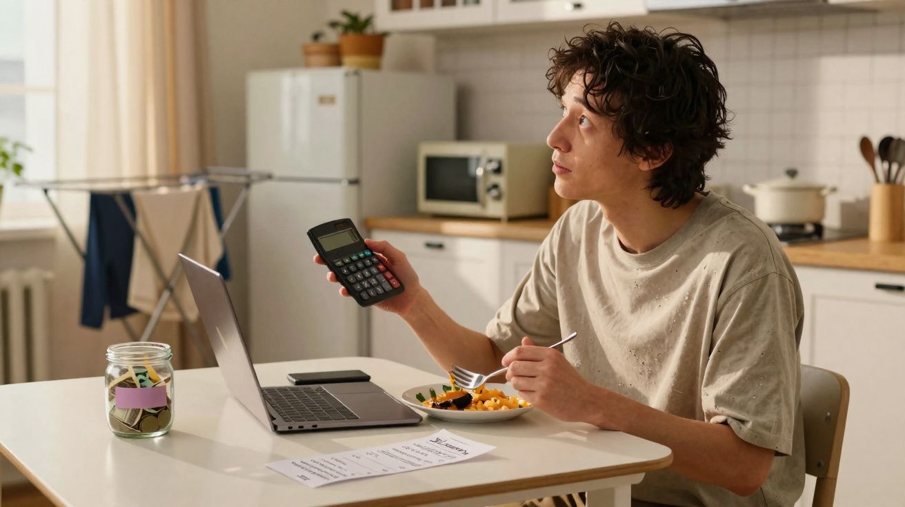 Jovem a calcular despesas na cozinha, com computador, conta, jarro de moedas e refeição à frente.