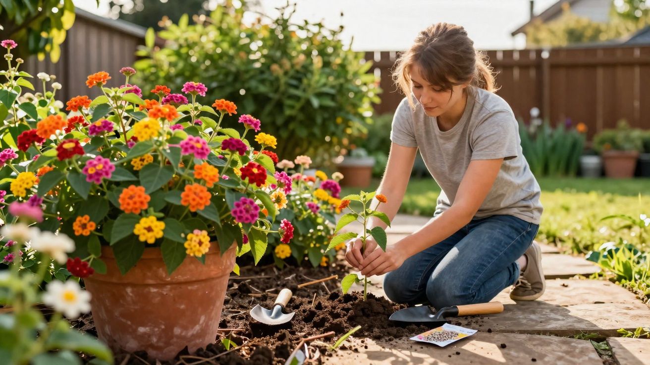 Mulher a plantar muda na horta, rodeada de flores coloridas num dia ensolarado.