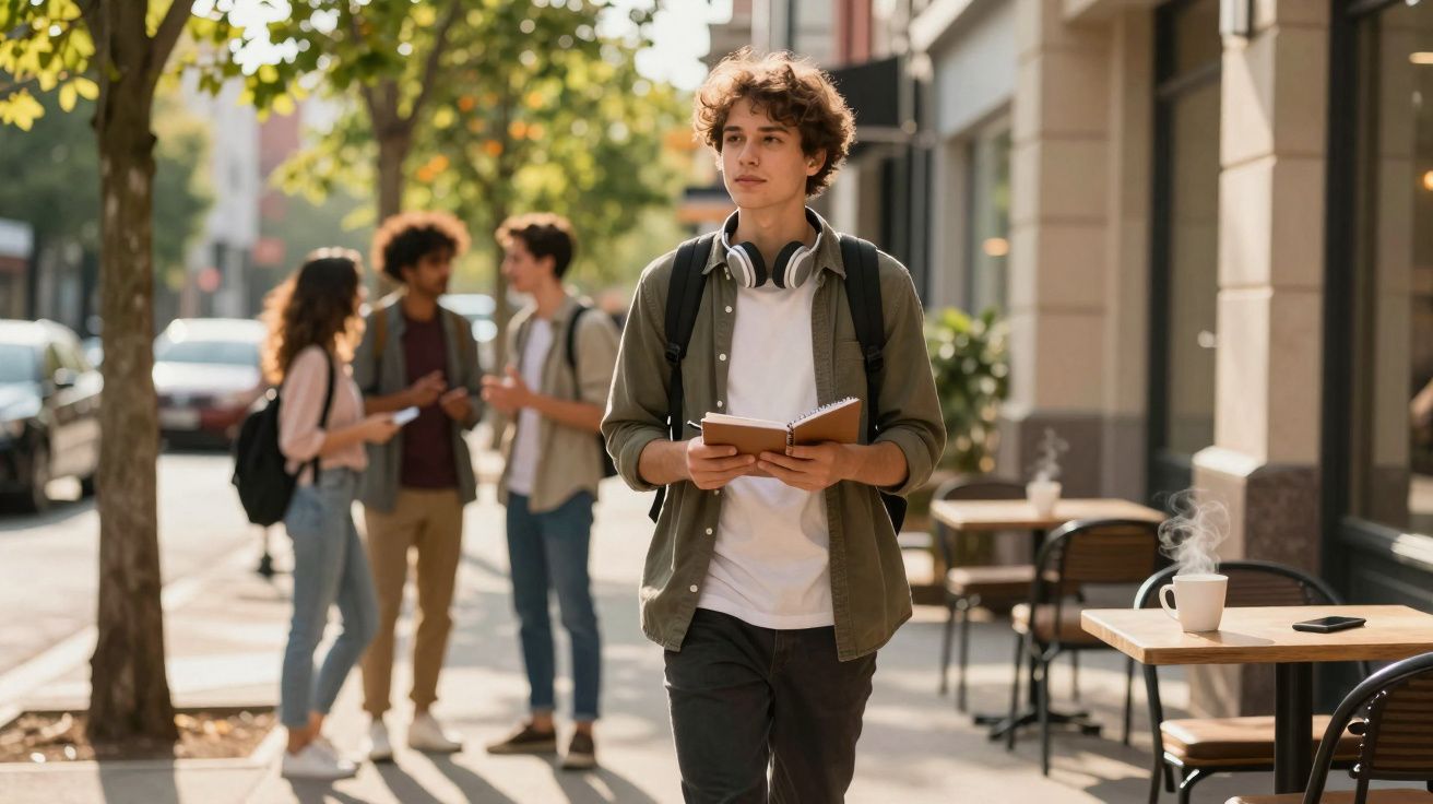 Jovem com auscultadores e mochila segura caderno numa rua com grupo de jovens ao fundo e café na esplanada.