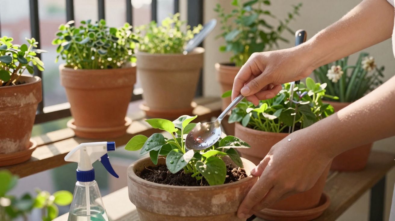 Mãos a regar planta em vaso de barro com colher numa varanda com vários vasos de plantas.