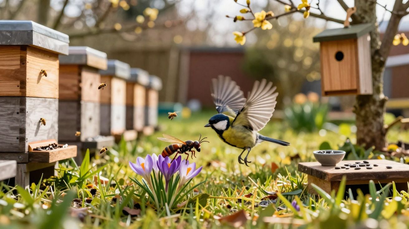Abelha e pássaro voando perto de colmeias e flores em jardim com luz solar suave.