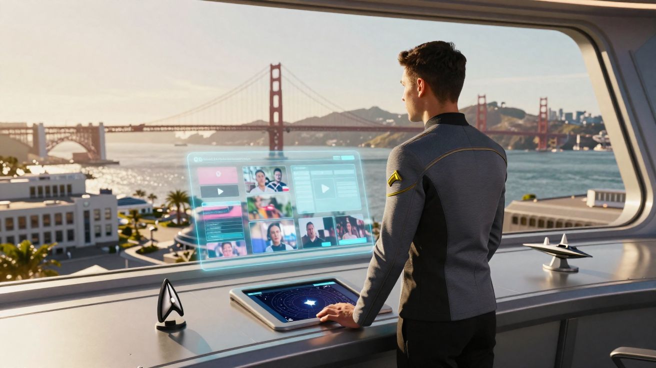 Jovem em uniforme futurista usa painel digital com videoconferência, com a ponte Golden Gate ao fundo.