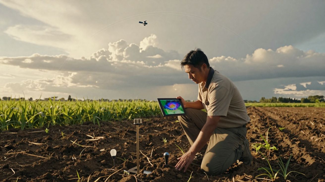 Homem analisa dados agrícolas em tablet enquanto verifica sensores no solo de um campo agrícola sob céu nublado.