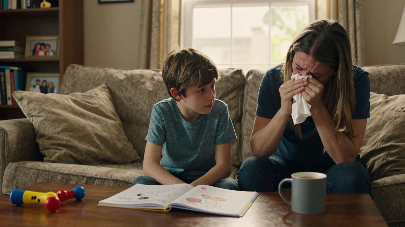 Criança sentada no sofá a olhar para mulher a chorar e limpar o rosto com lenço de papel.