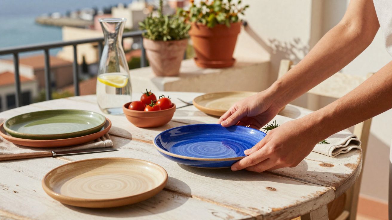 Pessoa a colocar prato azul numa mesa rústica com vários pratos e jarra de água com limão num terraço ensolarado.