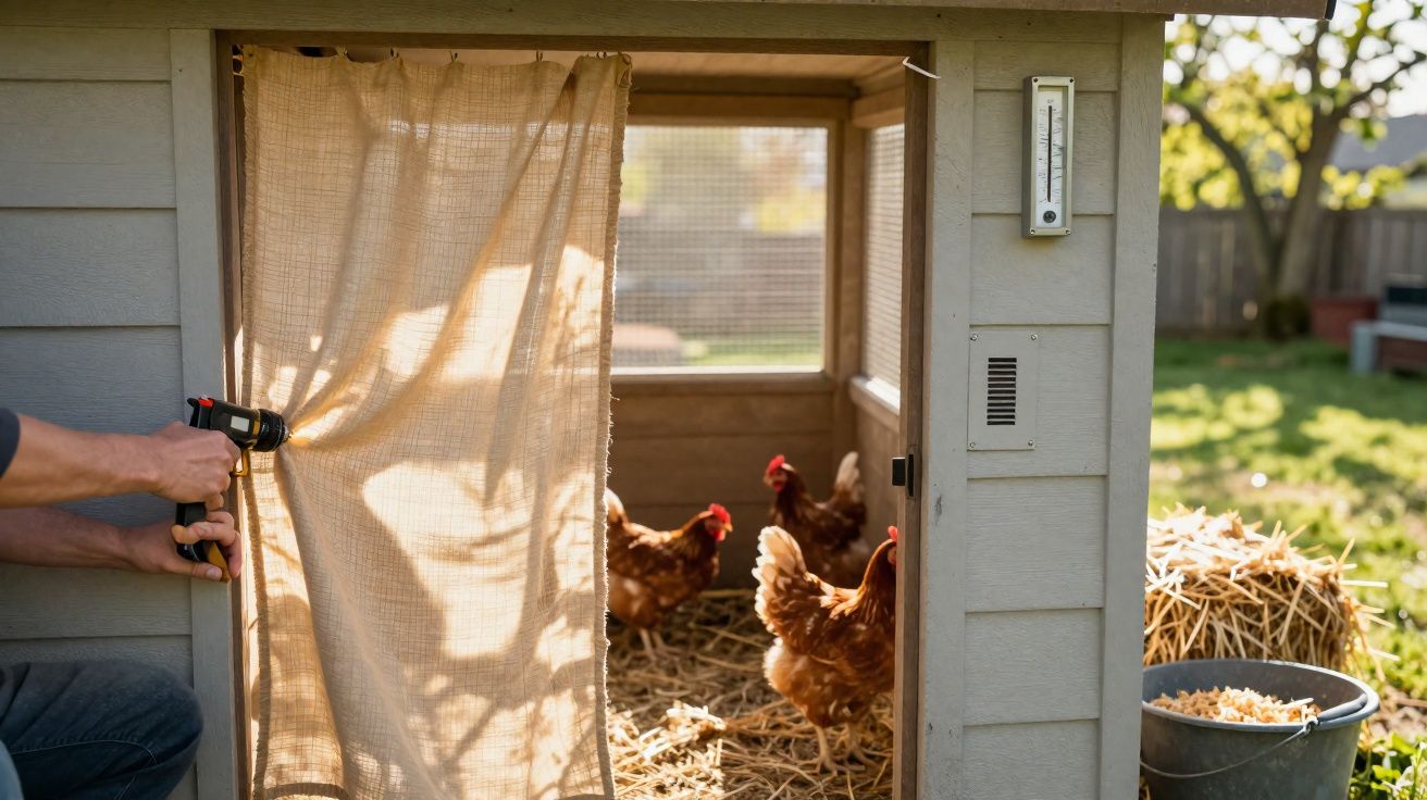 Pessoa rodando uma torneira externa perto de um galinheiro com galinhas dentro num dia ensolarado.