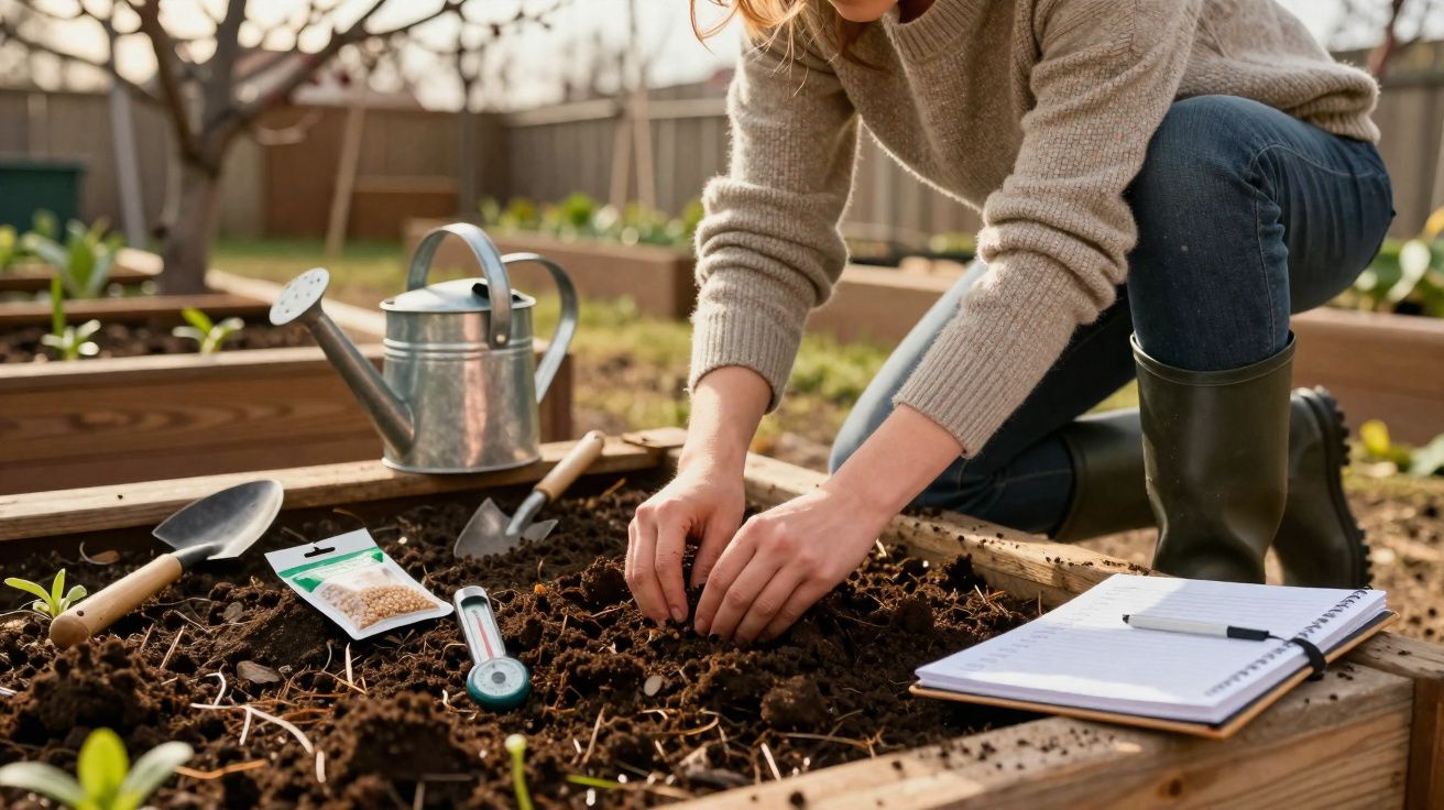 Pessoa a plantar sementes numa horta elevada com ferramentas de jardinagem, regador e caderno ao lado.