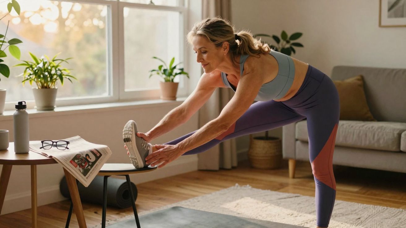 Mulher a fazer alongamentos, com uma perna apoiada numa cadeira, em sala iluminada e plantas no fundo.