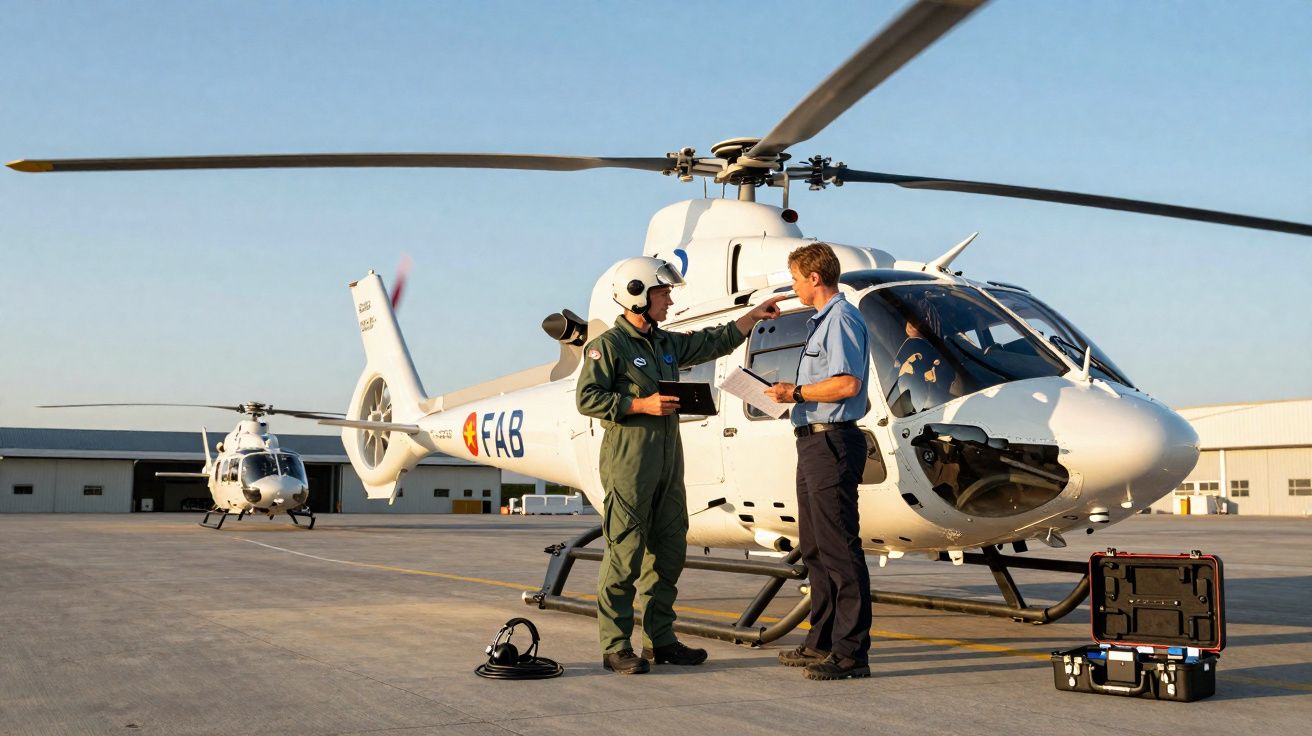 Dois técnicos em frente a helicóptero branco em aeroporto durante inspeção técnica ao ar livre.