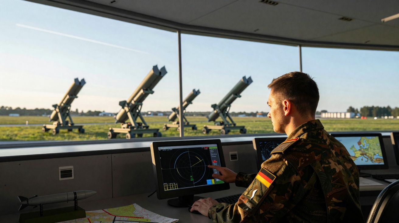 Militar alemão em posto de controlo a operar radar com lançadores de mísseis ao fundo em campo aberto.