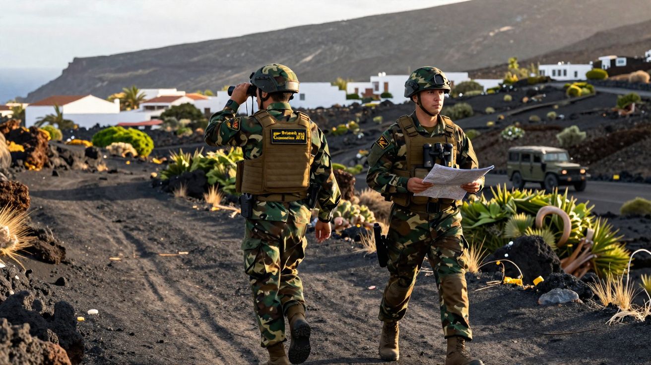 Dois militares em uniforme camuflado fazem patrulha em terreno rochoso com binóculos e mapa, com veículos ao longe.