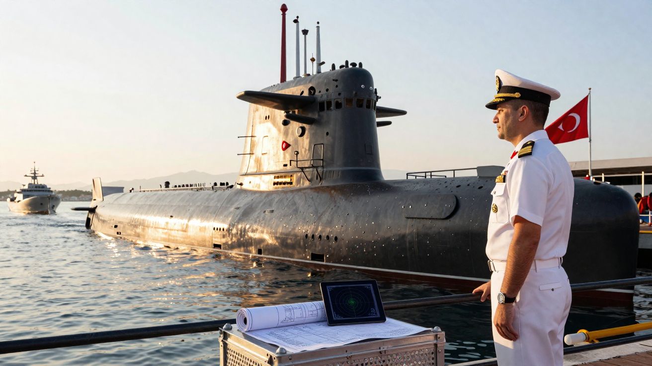 Oficial da marinha em uniforme branco observa submarino turco atracado ao porto ao pôr do sol.