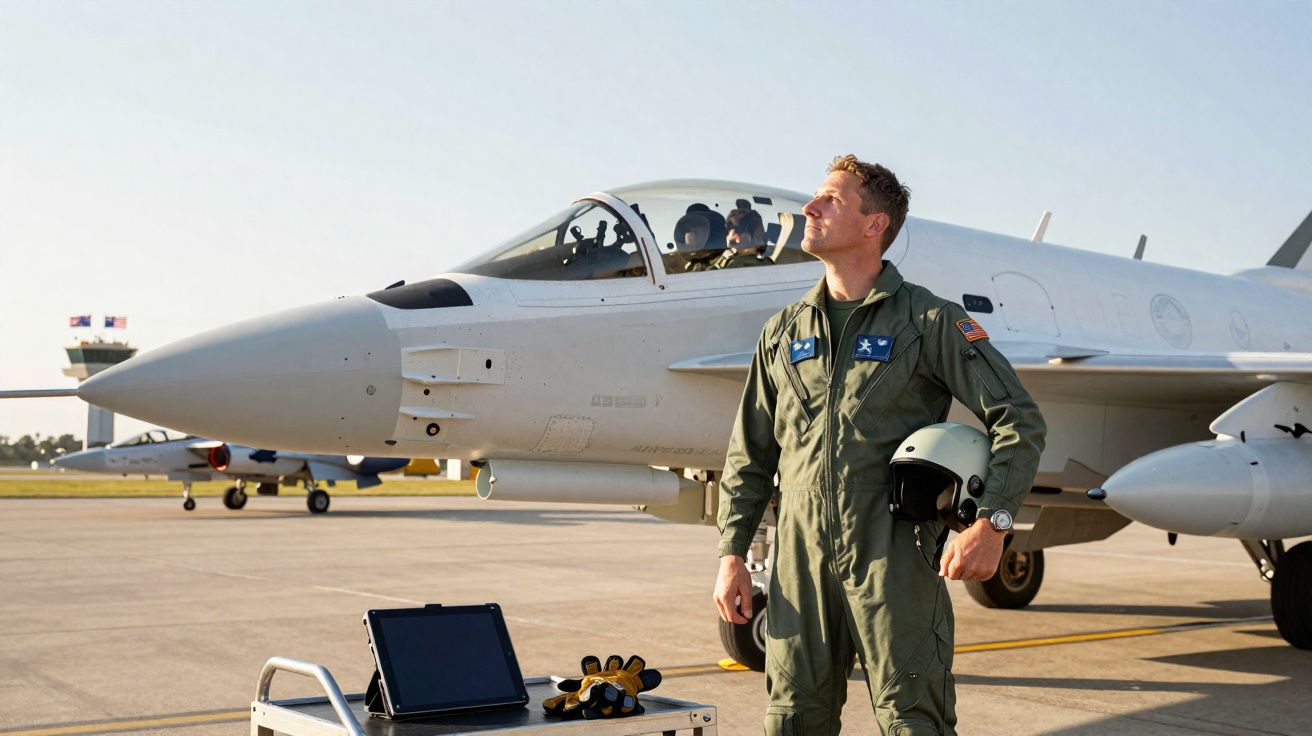 Piloto militar em fato verde junto a jato branco estacionado em pista de aeroporto durante o dia.