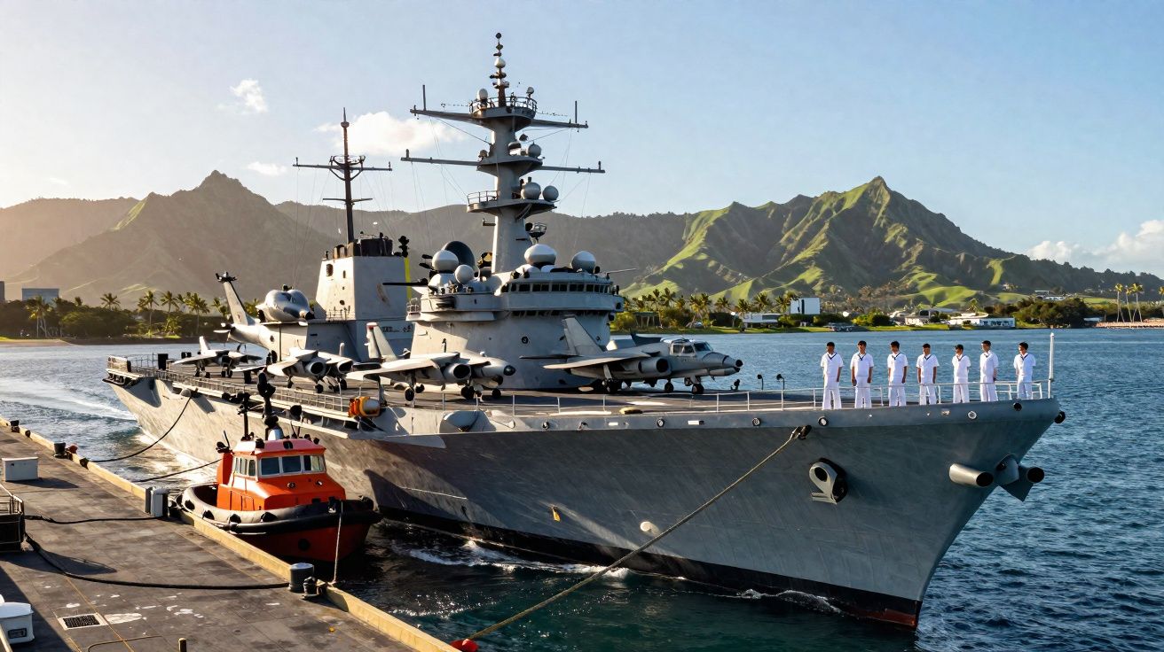 Navio de guerra atracado com marinha em fila no convés e montanhas ao fundo em dia ensolarado.