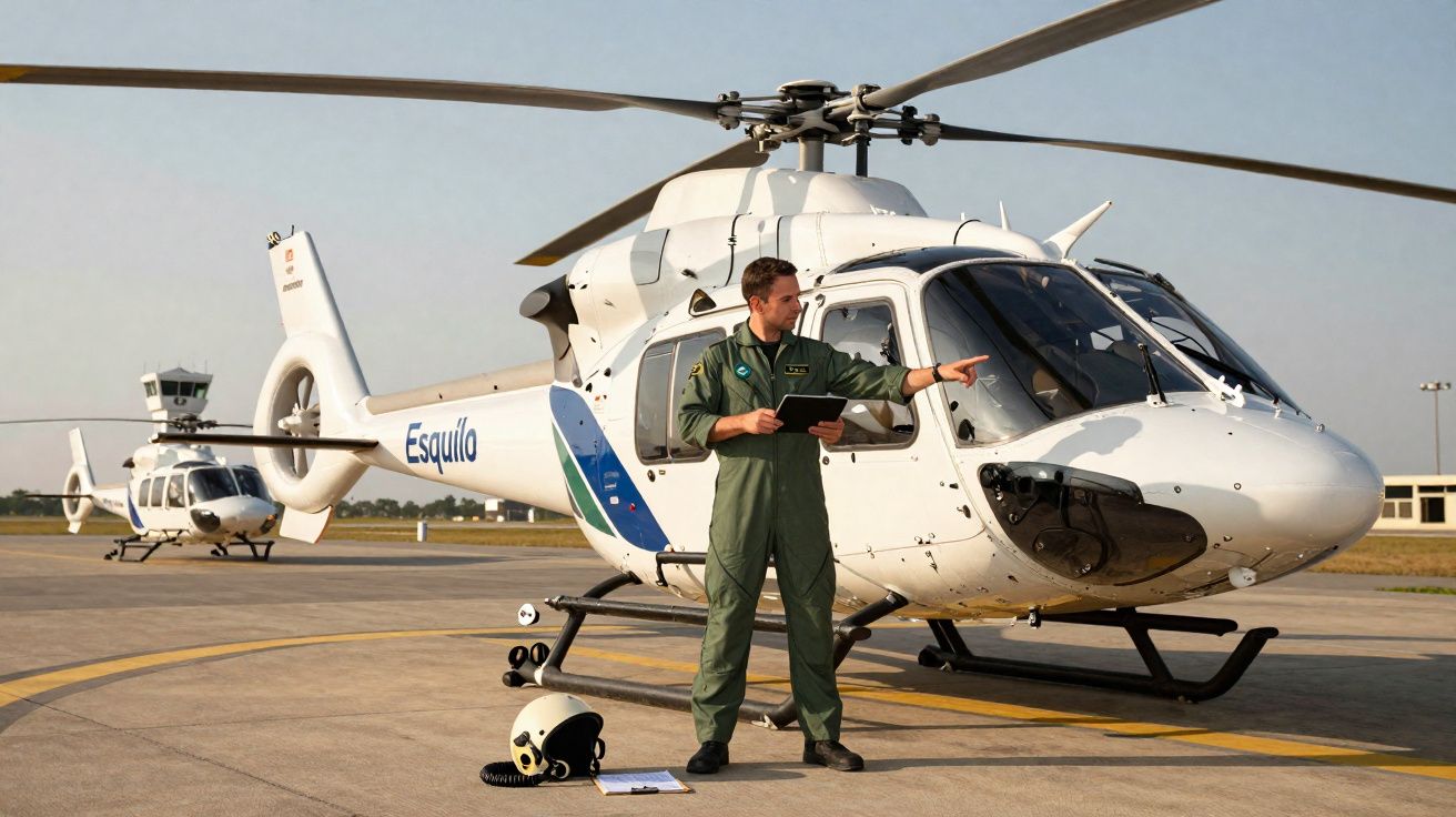 Homem com fato de voo verde aponta para um helicóptero branco estacionado numa pista de aterragem.
