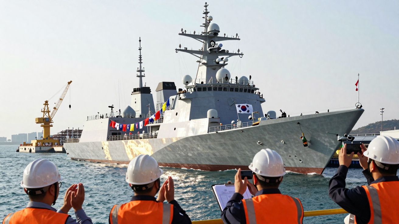 Navio militar sul-coreano atracado em porto com pessoas a observar e fotografar usando capacetes e coletes de segurança.