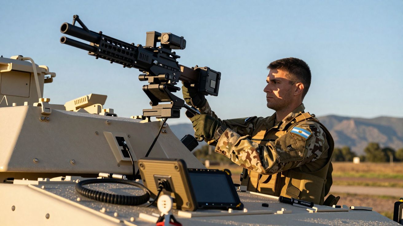 Soldado em uniforme camuflado ajusta mitralhadora montada num veículo militar ao ar livre.