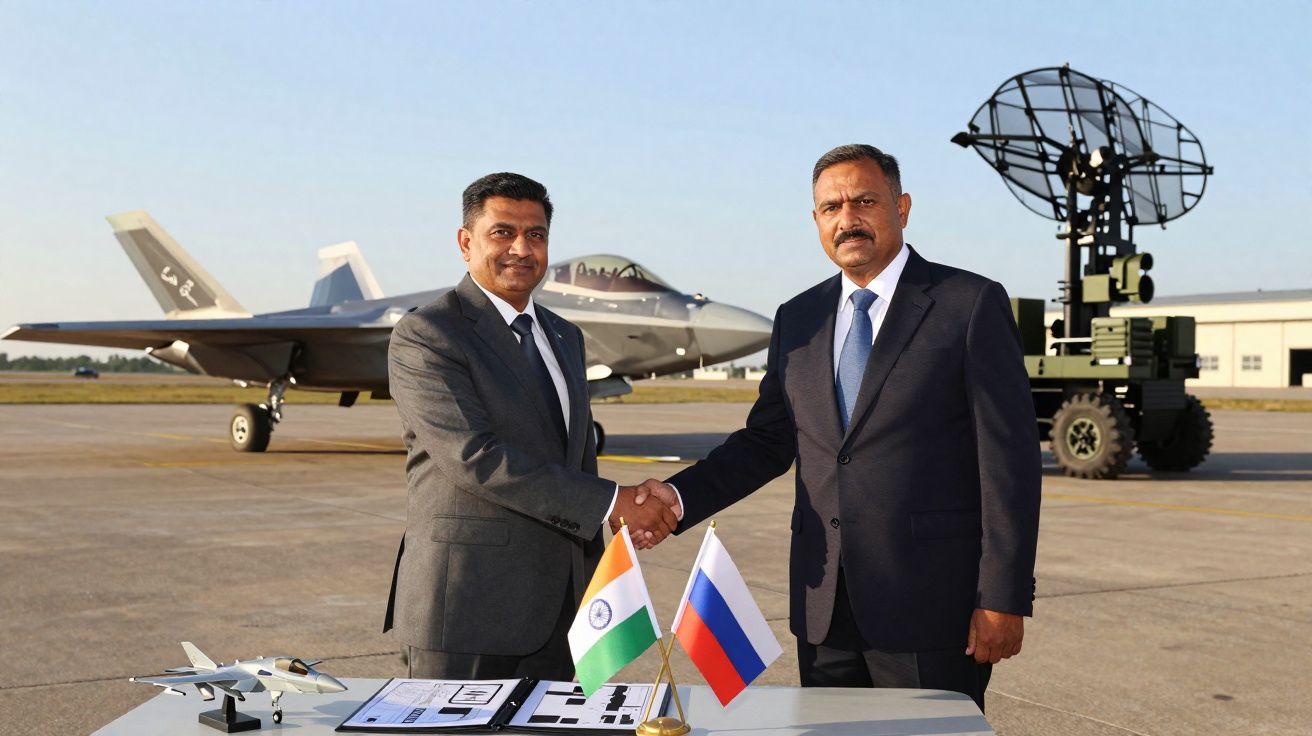 Dois homens em fatos apertam as mãos numa pista de avião com bandeiras da Índia e Rússia, jato e radar ao fundo.