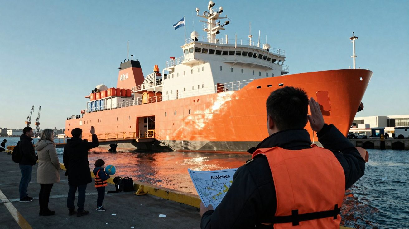 Pessoas a despedirem-se de navio de pesquisa polar laranja ancorado num porto ao entardecer.