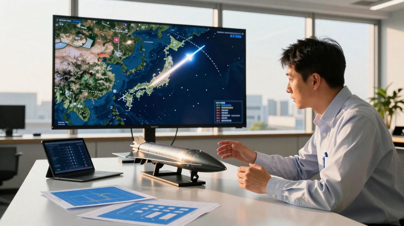 Homem a analisar modelo de avião com mapas e gráficos num ecrã e mesa de escritório moderna.