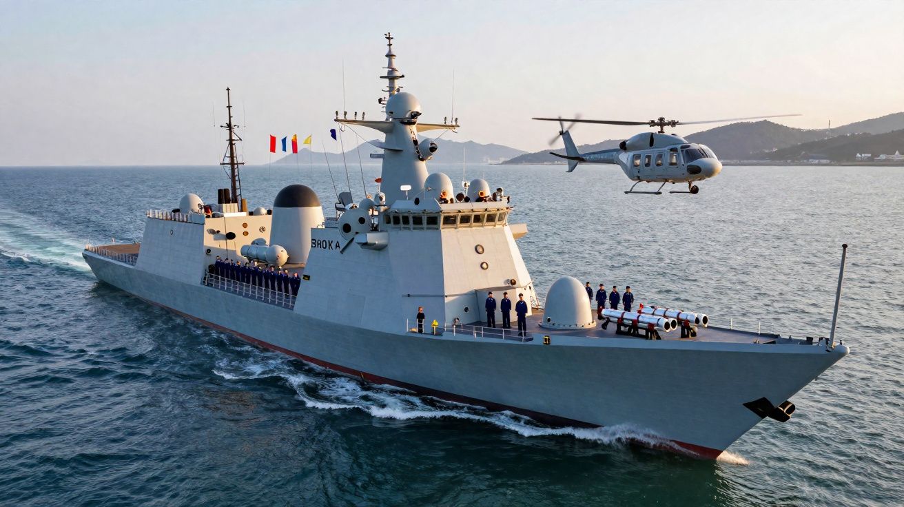 Navio militar cinzento em mar calmo, com tripulação no convés e helicóptero a sobrevoar.