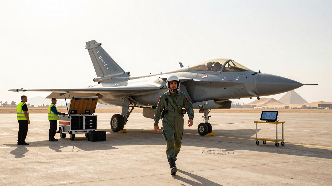 Piloto militar caminha diante de caça JF-17 estacionado em pista de aeroporto com equipa técnica ao fundo.