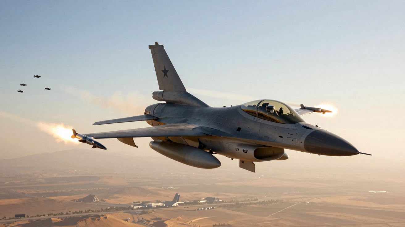 Caça militar a jato a sobrevoar paisagem desértica ao pôr do sol, disparando mísseis.