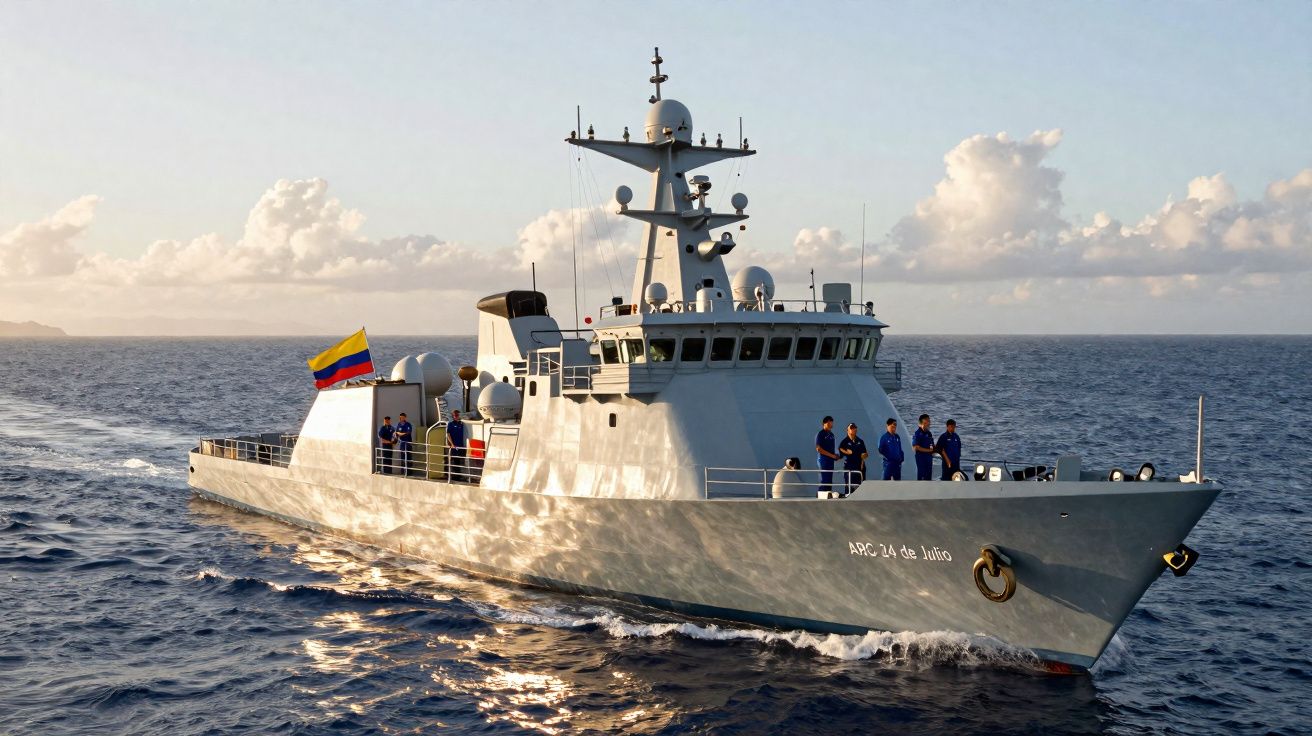 Navio militar colombiano com tripulação a bordo navegando em mar calmo ao pôr do sol.
