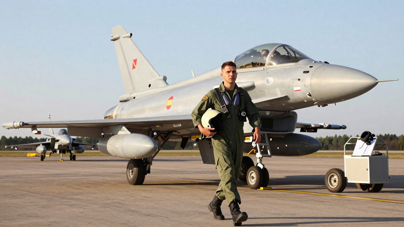 Piloto militar com fato verde caminha em pista junto a caça tático cinzento estacionado ao ar livre.