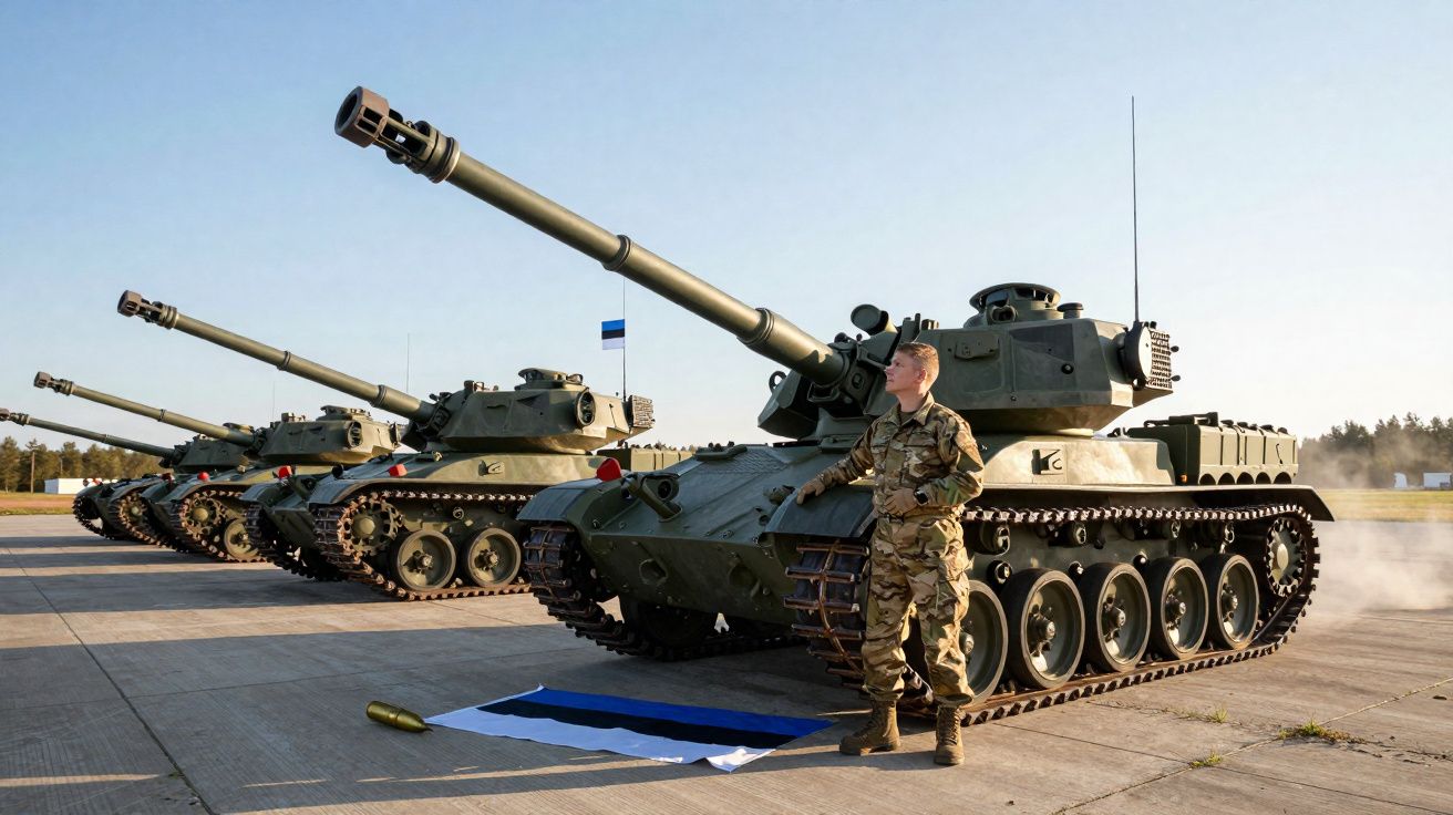Soldado em uniforme militar junto a tanque verde alinhado com outros tanques num dia ensolarado.