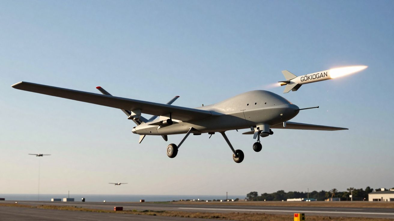 Drone militar cinzento a voar com míssil em chamas marcado com "GÖKDOĞAN" durante descolagem.