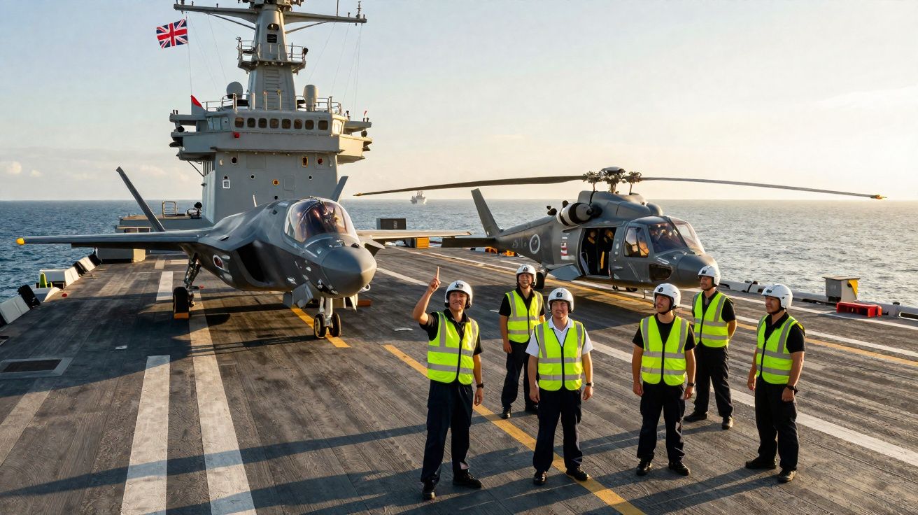 Pessoal militar com coletes refletores em porta-aviões ao lado de helicóptero e avião militar ao entardecer.