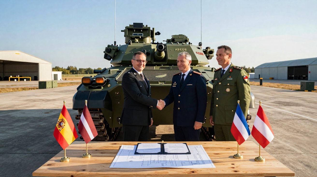 Três militares com fardas formais apertam as mãos em frente a um veículo blindado e mesa com documentos.