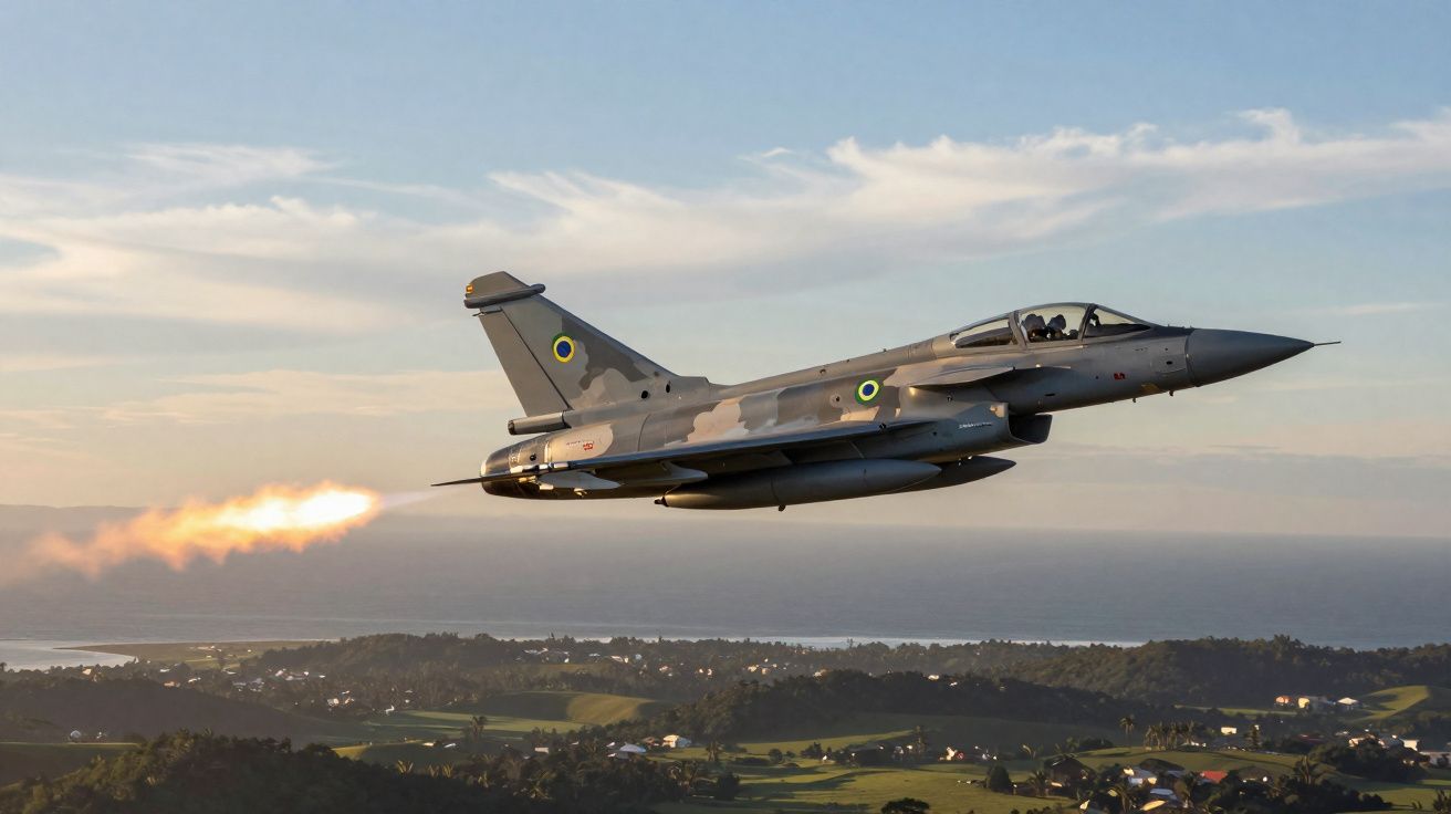 Caça militar em voo a baixa altitude disparando foguete sobre área rural e mar ao fundo.