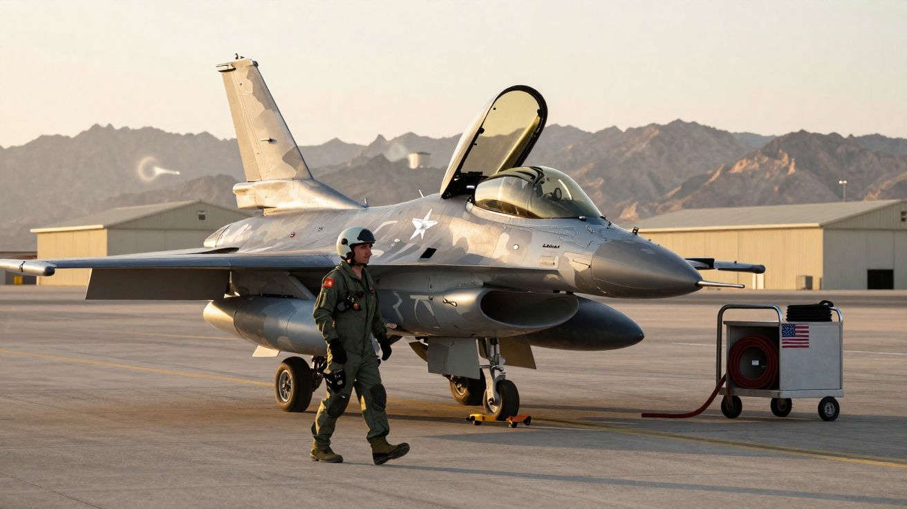 Caça F-16 estacionado numa pista com piloto em fato de voo a caminhar junto ao avião militar.