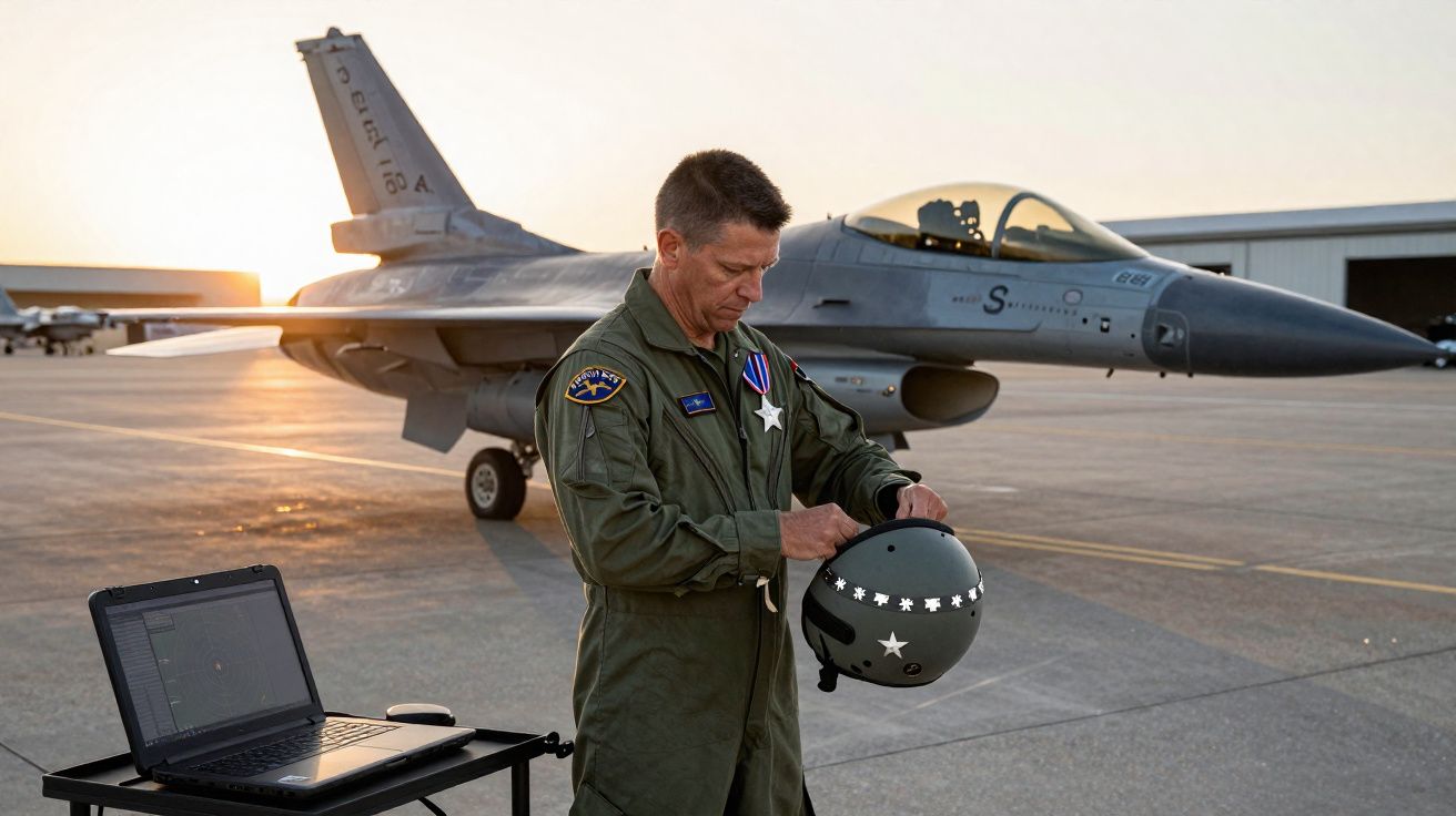 Piloto militar ajusta capacete à frente de avião de caça estacionado ao pôr do sol numa pista de aeroporto.
