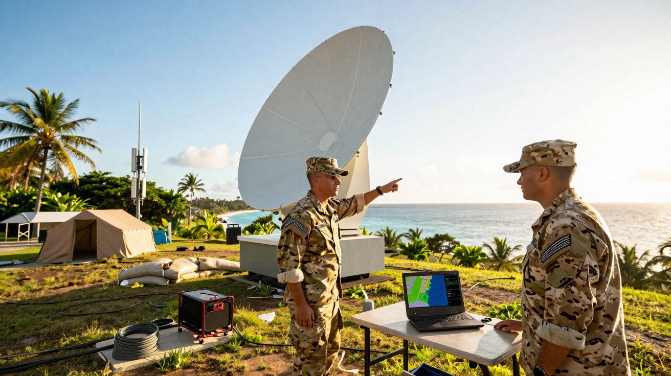 Dois militares em equipamento camuflado junto a um radar e portátil numa zona costeira com tendas e palmeiras.